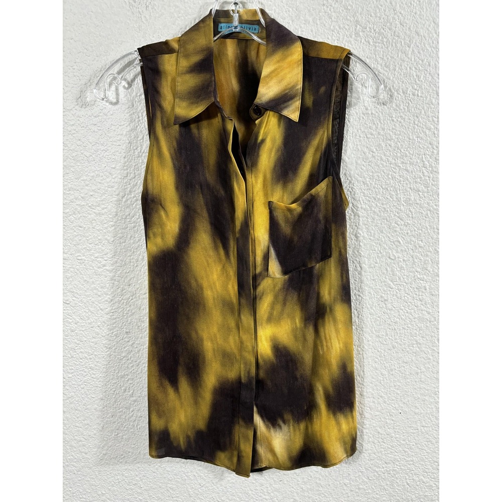 Alice +‎ Olivia Shirt Womens XXS Yellow Black Silk Sleeveless Open Back Top